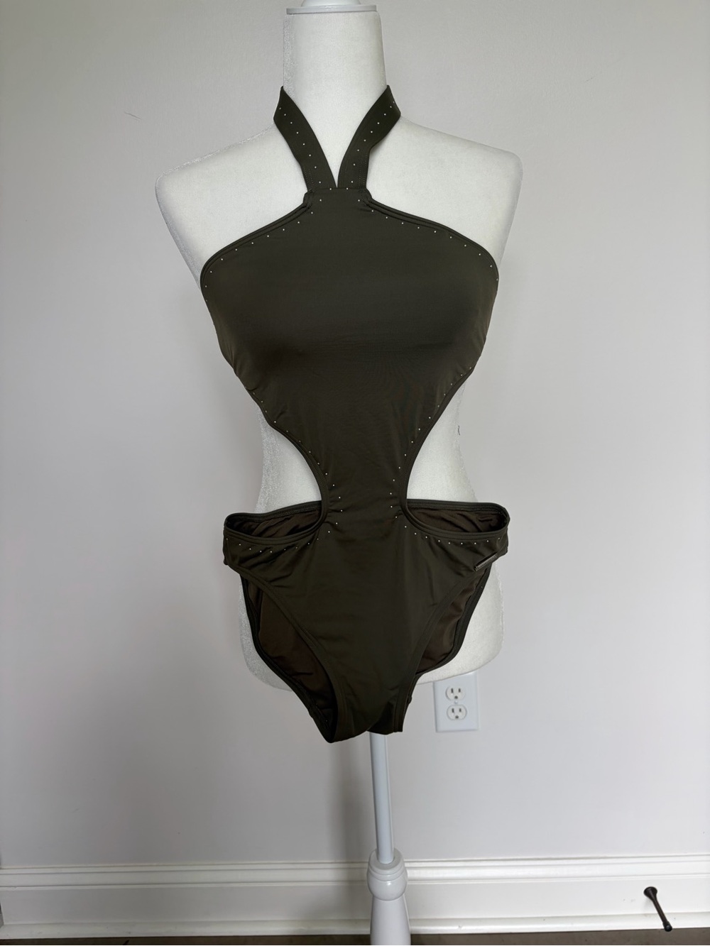 Vince Camuto Olive Halter Cutout One-Piece Swimsuit with Stud Accents